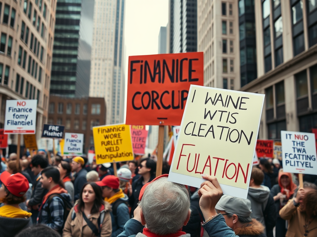 На митинге люди держат плакаты с лозунгами против финансовой системы и манипуляций.
