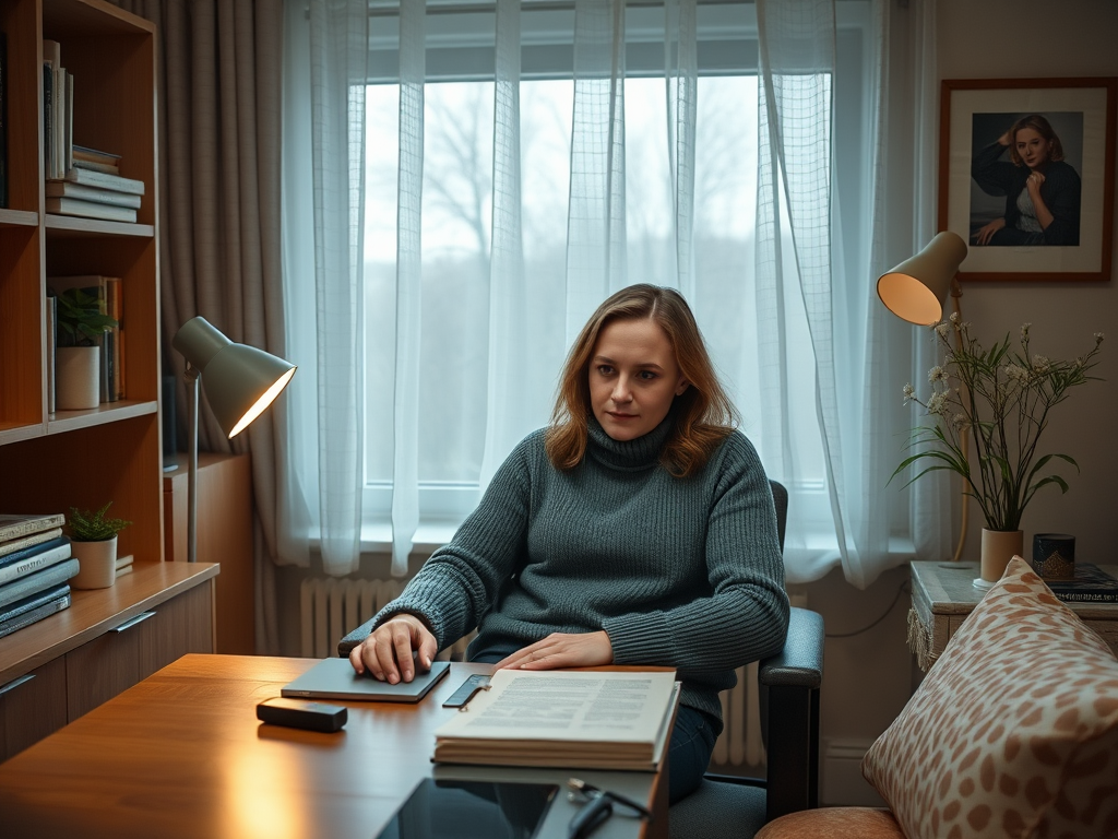 Женщина в свитере сидит за столом в уютном офисе, вокруг книги и растения, светит настольная лампа.