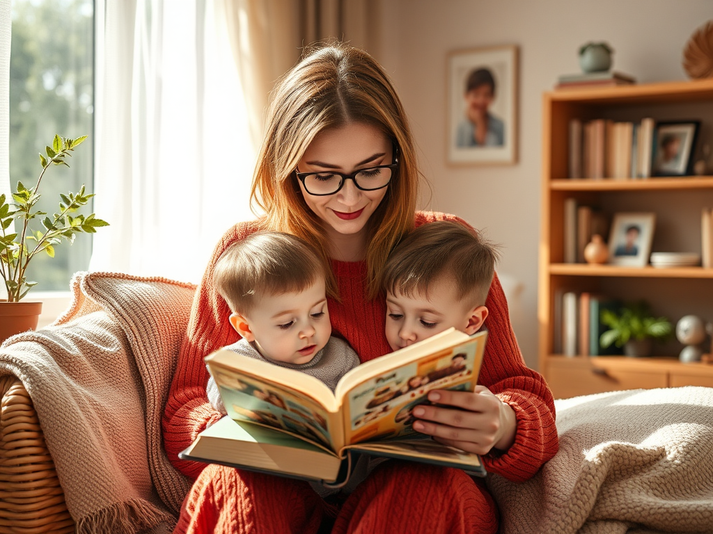 Женщина читает книгу двум маленьким детям на диване в уютной комнате с растений у окна.