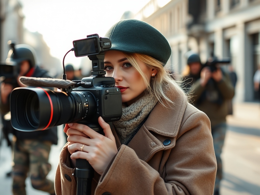 Женщина фотографирует на улице, держит камеру, одета в коричневое пальто и зеленую шапку. Тень и другие фотографы позади.