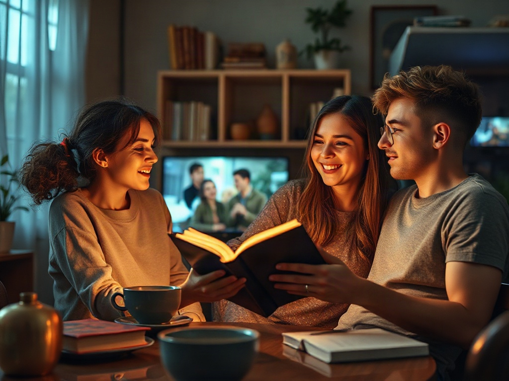 Группа друзей улыбается, читая книгу при уютном свете, окружённые книгами и чашками с напитками.