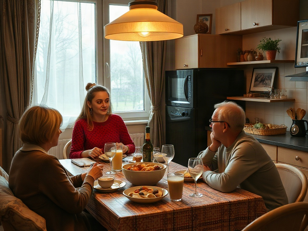 На столе три человека, беседуют за ужином с закусками и напитками, окно с видом на улицу.