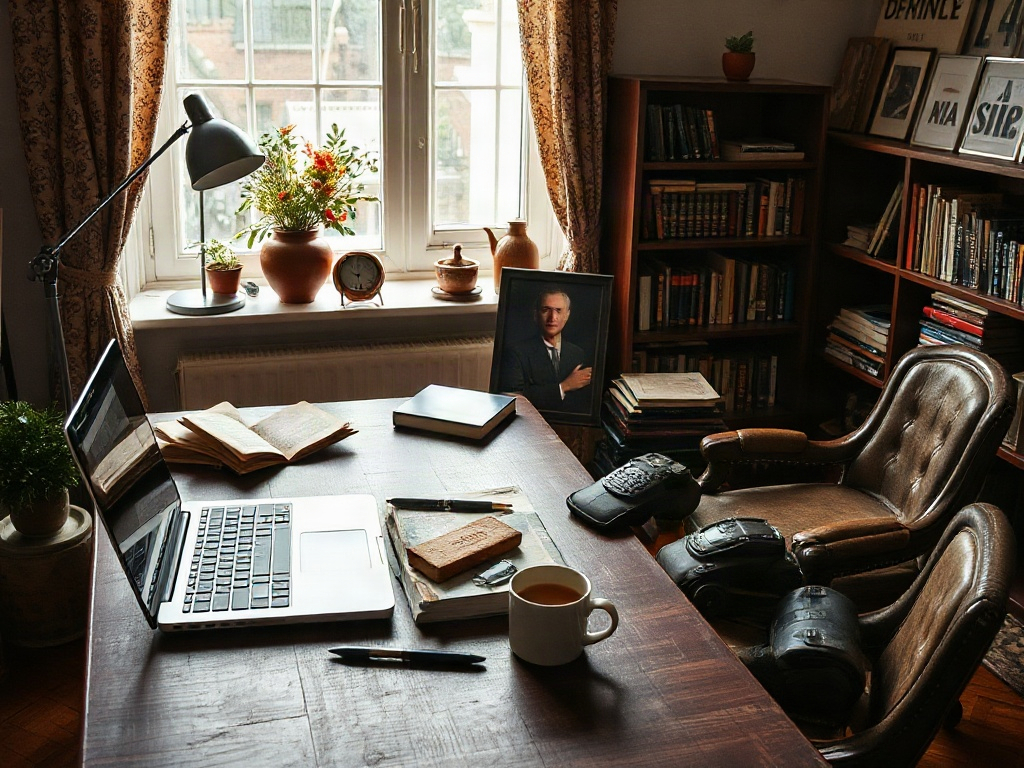 Столовая с ноутбуком, книгами, чашкой кофе и креслом, рядом с окном и растениями в горшках.