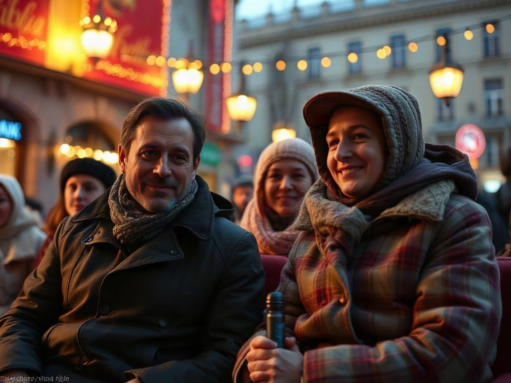 На площади люди в теплой одежде улыбаются, наслаждаясь вечерней атмосферой и огнями вокруг.